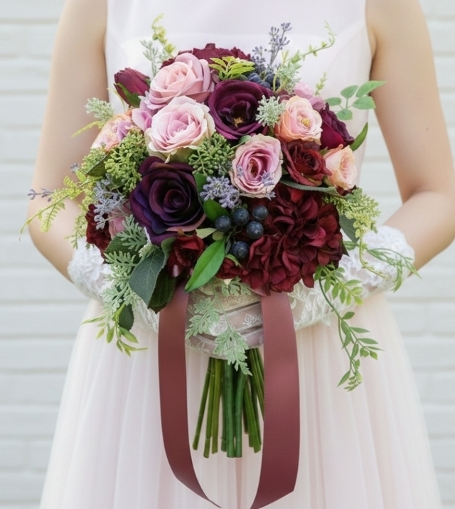 ボルドー色のシックエレガントなクラッチブーケ