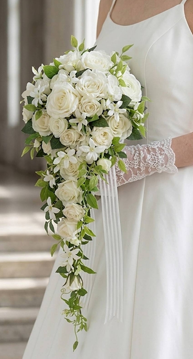 白薔薇＆ホワイトスターの王道！！ロングキャスケードブーケ｜造花ウエディングブーケ