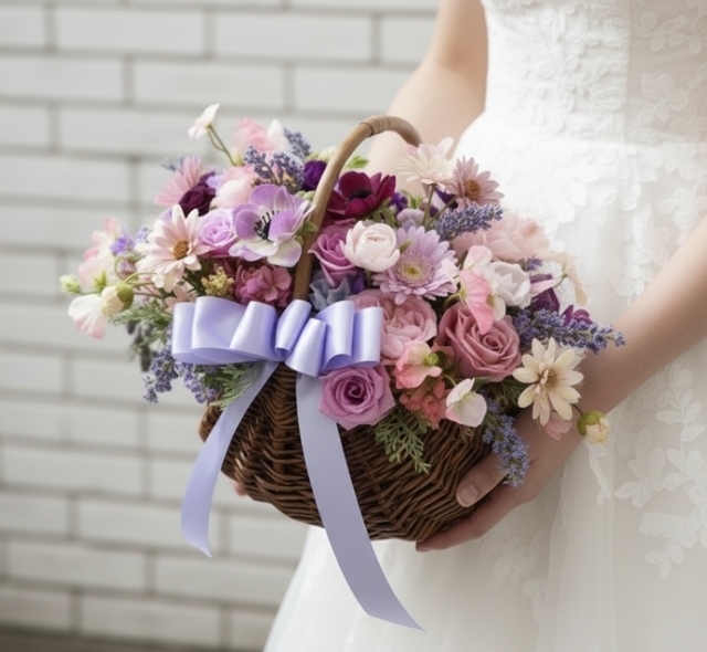 モーブピンク＆パープルカラーの大人エレガントなバスケットブーケ