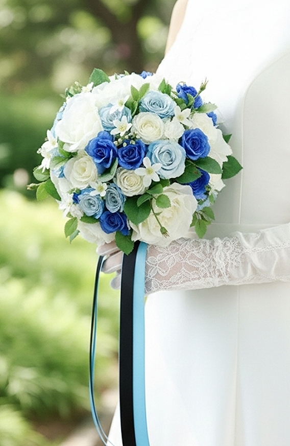 白薔薇＆＆ロイヤルブルー＆ライトブルーのミニ薔薇の気品あるラウンドブーケ