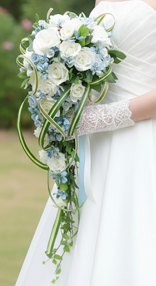 白薔薇＆ブルースター＆ナチュラルグリーンのロングキャスケード