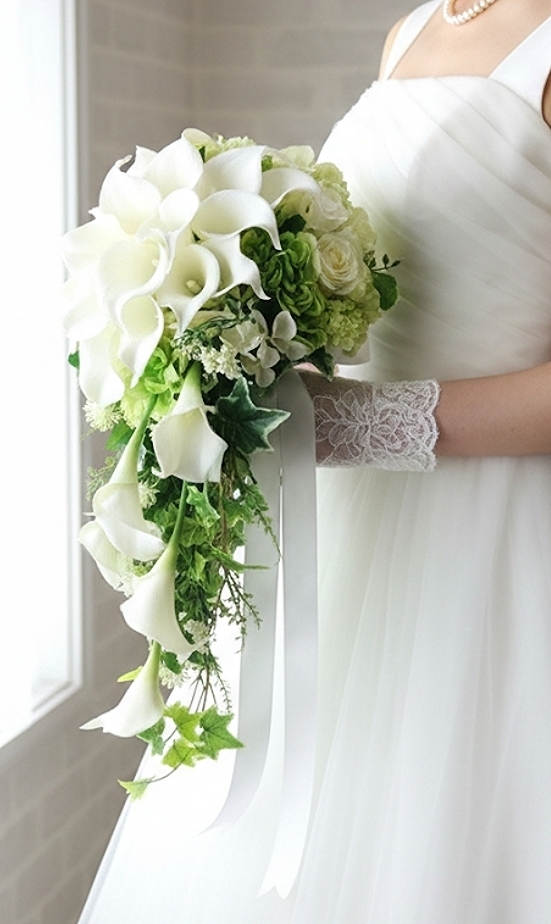 カラー＆たっぷりグリーンの優美なキャスケードブーケ