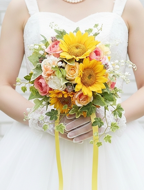 ひまわり＆アプリコットオレンジの薔薇＆鈴蘭のナチュラルラウンドブーケ