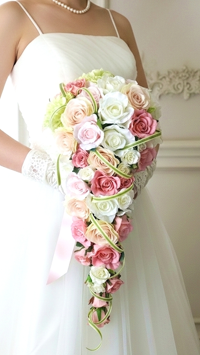 ピンクグラデーション＆オフホワイトの薔薇の愛されカラーのロングキャスケードブーケ