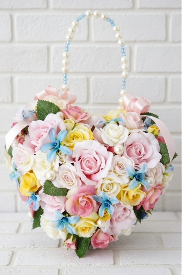 パステルミックスカラー＆パールのハートのバッグブーケ