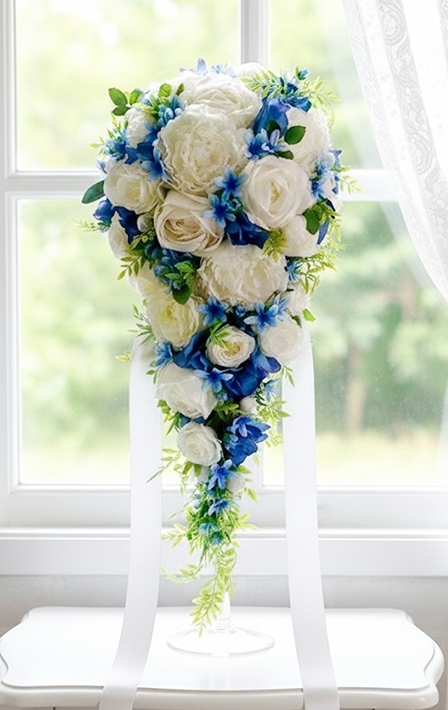 芍薬と大輪薔薇、紫陽花の上品キャスケードブーケ