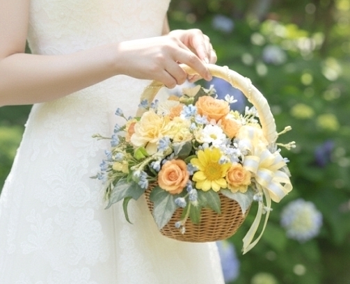 レモンイエローのガーベラ＆小花＆薔薇のナチュラルバスケットブーケ