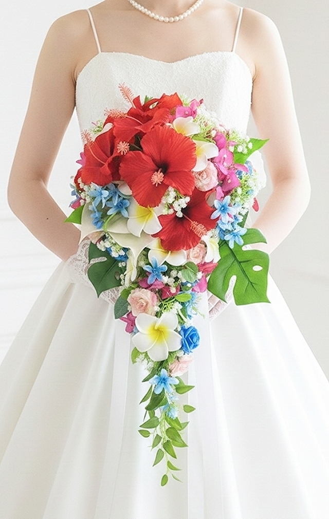 ハイビスカス・プルメリアのトロピカル風セミロングキャスケードブーケ