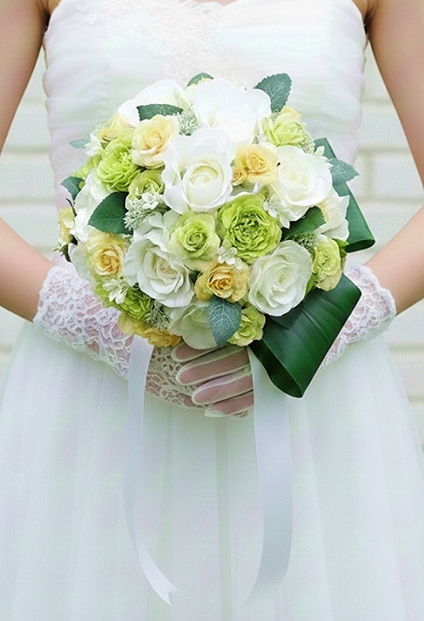 白薔薇とグリーンのラナンキュラス＆レモンイエローのレモンイエローのミニ薔薇のラウンドブーケ