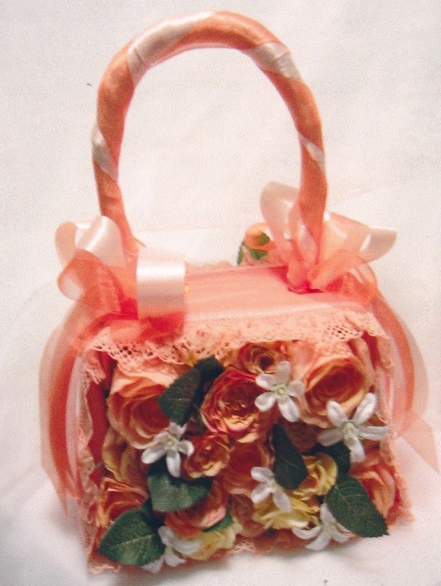 オレンジ＆イエローの薔薇・サテン地のロマンティックなハンドバッグブーケ