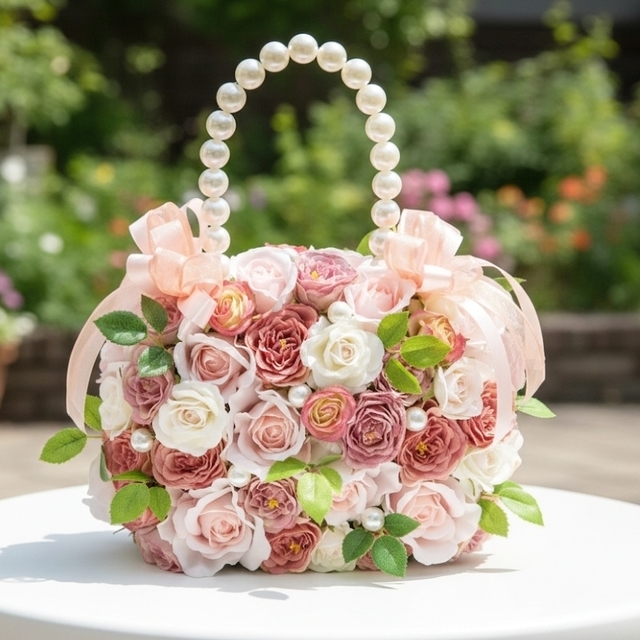 ソフトピンク＆ホワイトの薔薇のハンドバッグブーケ