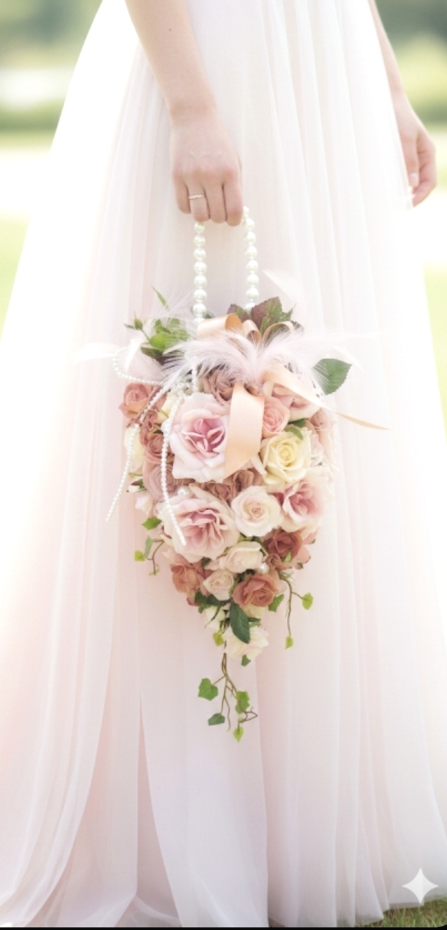 ピンク＆ベージュ&オフホワイトの薔薇、ミニバラの葡萄の形のハンドバッグブーケ