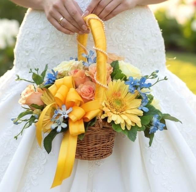 ゴールデンイエローのガーベラ＆小花＆薔薇のナチュラルバスケットブーケ