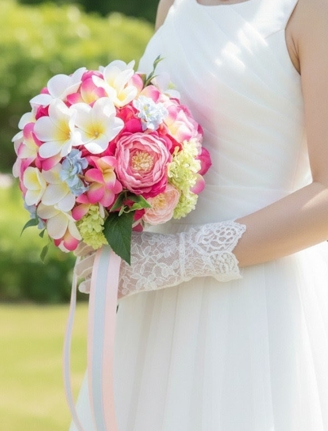 ホワイト＆ピンクの可憐なプルメリアのラウンドブーケ