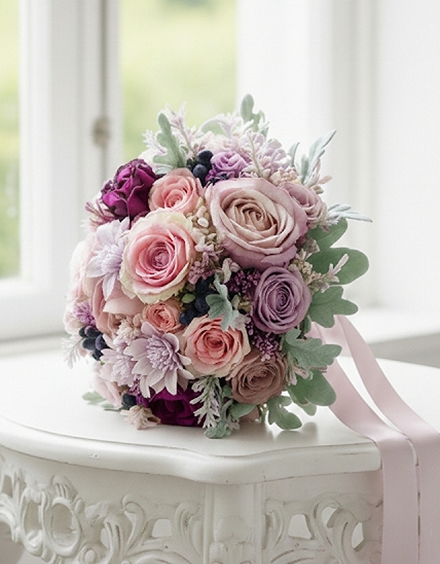 モーブ＆ワインカラー＆ブラックベリーのシックエレガンスなラウンドブーケ