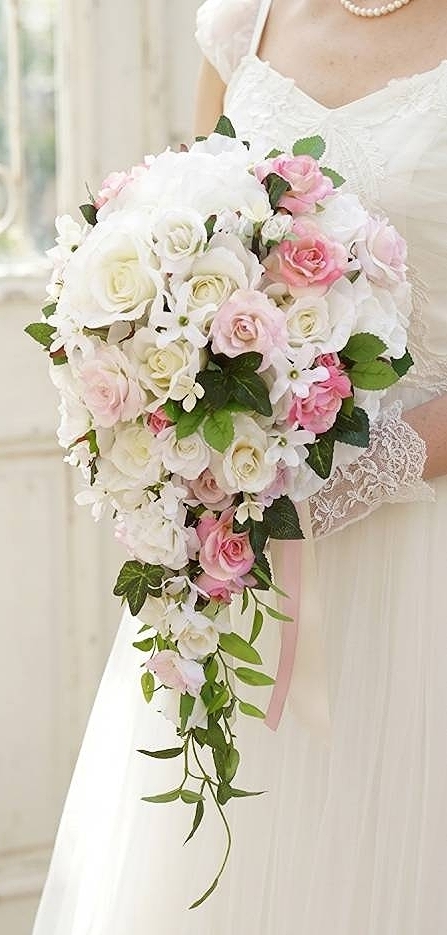 キャスケードブーケ 薔薇 白&ピンク系|造花ウェディングブーケ(アーティフィシャルフラワー)