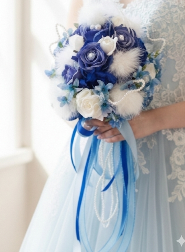 フェザー＆パールのコーンスタイルブーケ