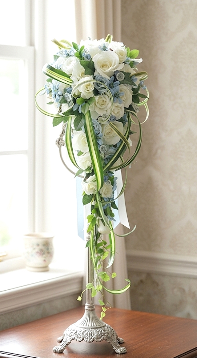 白薔薇＆ブルースター＆ナチュラルグリーンのロングキャスケード