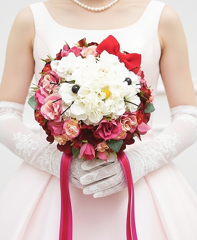 赤いリボンの子猫のラウンドブーケ