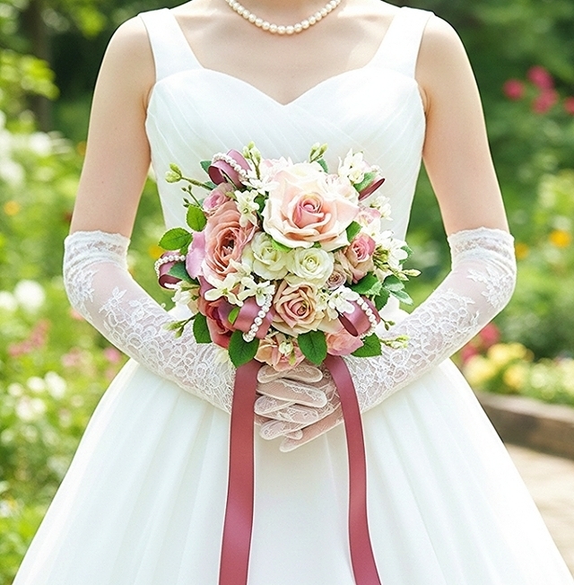 ソフトピンクの薔薇＆白い小花＆リボン・パール使いのお姫様色のブーケ