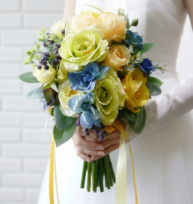 グリーン＆イエローの薔薇、ブルー・パープル小花のクラッチブーケ