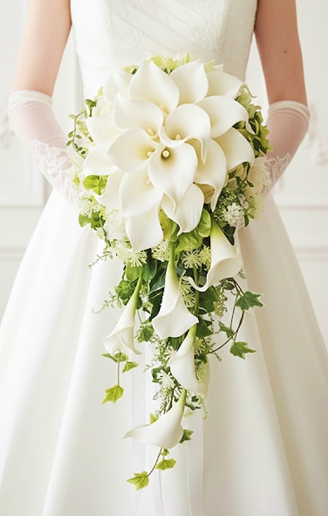 カラー＆たっぷりグリーンの優美なキャスケードブーケ　ウエディングブーケ（造花）