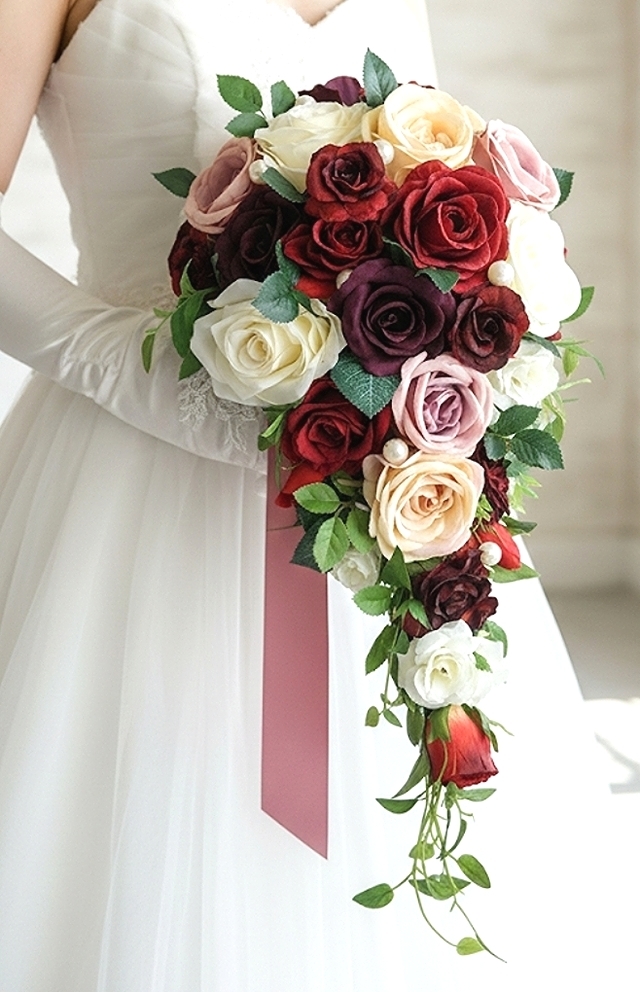 深紅・ボルドー＆クリームの薔薇の大人シックエレガントのショートキャスケードブーケ　ウエディングブーケ（造花）