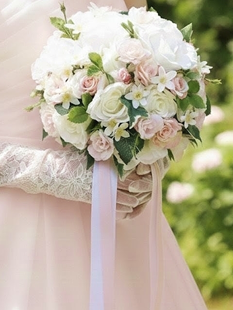 ホワイト＆ベビーピンクの薔薇＆ホワイトスターのお姫様ラウンドブーケ