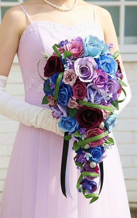 キャスケードブーケ 薔薇 白&パープル&ブルー系|造花ウエディングブーケ(アーティフィシャルフラワー)