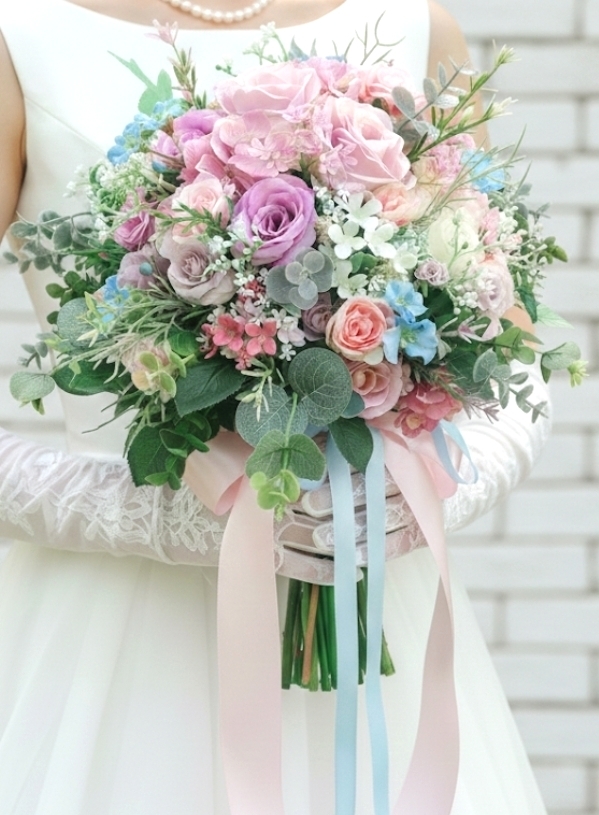 スモ―キーピンク&水色小花の上品ナチュラなクラッチブーケ