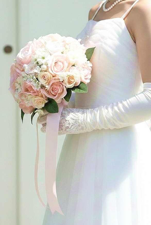 ソフトピンク＆ベビーピンク＆白い小花のふんわり優しいラウンドブーケ