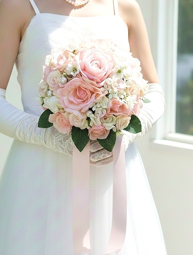 ソフトピンク＆ベビーピンク＆白い小花のふんわり優しいラウンドブーケ