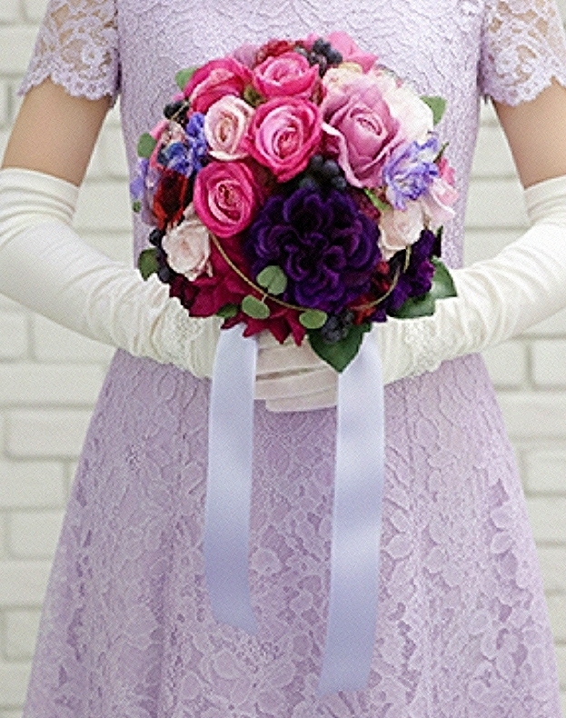 パープル＆青みピンクカラーの華やかラウンドブーケ