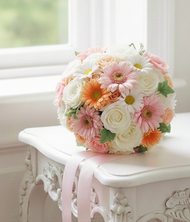 白薔薇＆ガーベラ＆マーガレットのパステルカラーのラウンドブーケ