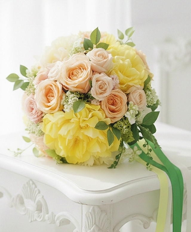 イエローの芍薬＆ソフトオレンジの薔薇の優しいラウンドブーケ