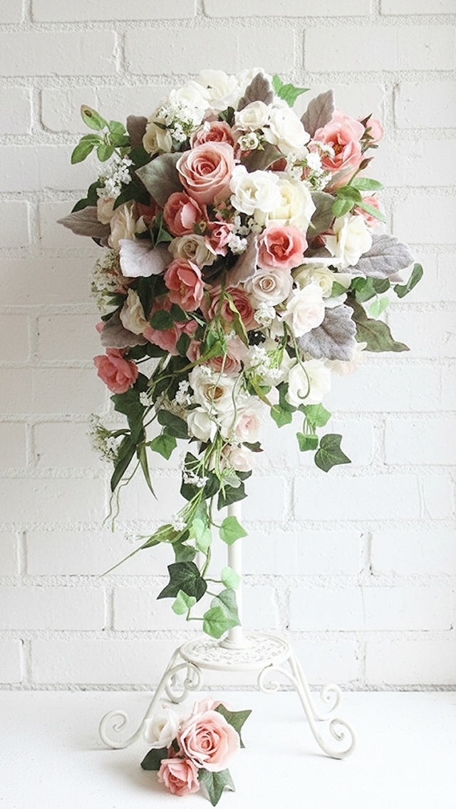 ソフトピンク＆白薔薇のふんわりセミキャスケードブーケ