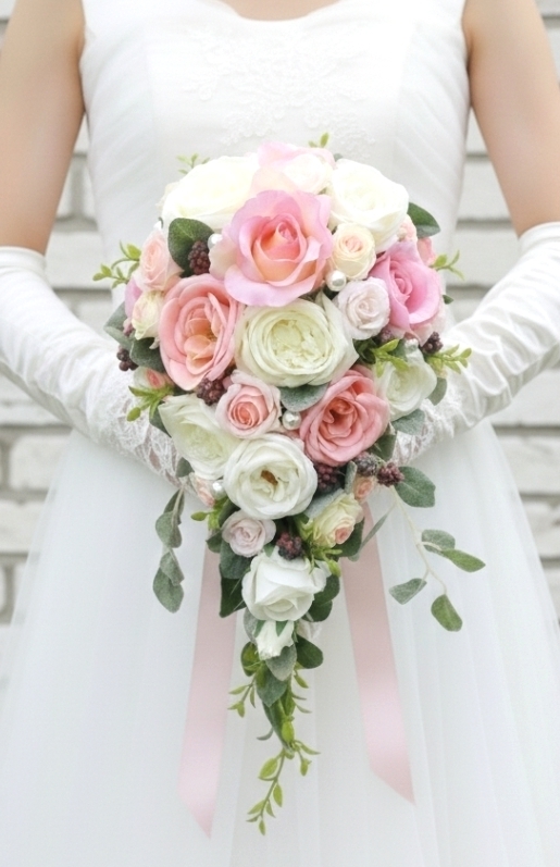 ピンク＆ホワイトの薔薇＆パールのショートキャスケードブーケ