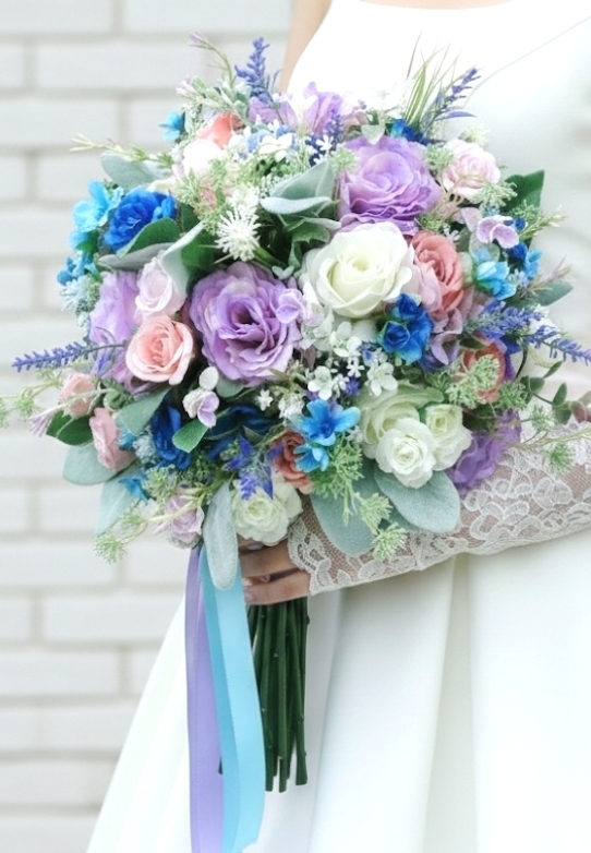 青いミニバラ&トルコキキョウのエレガントなクラッチブーケ