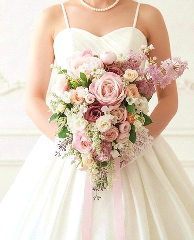 ペールピンク＆モーブカラーのふっくら上品ショートキャスケード　ウエディングブーケ（造花）