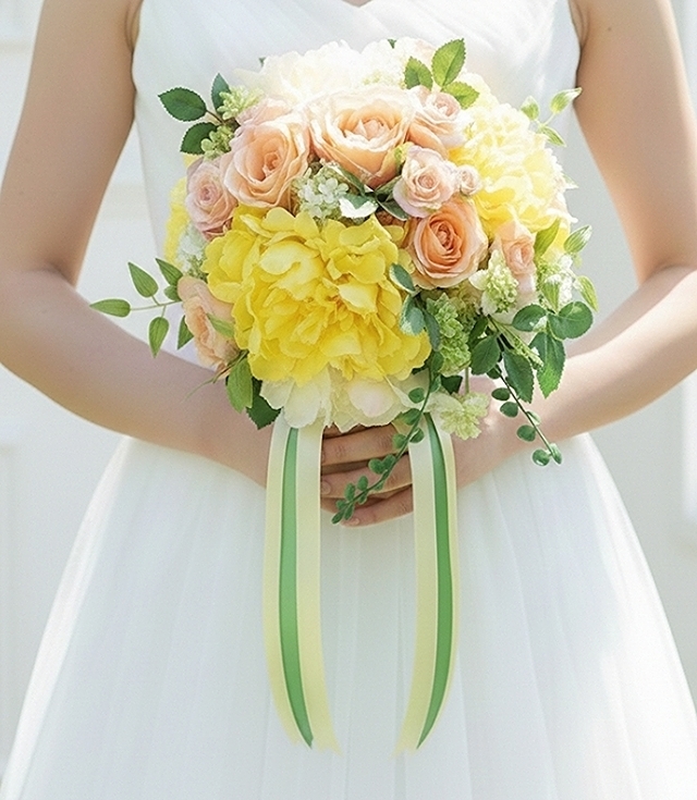 イエローの芍薬＆ソフトオレンジの薔薇の優しいラウンドブーケ