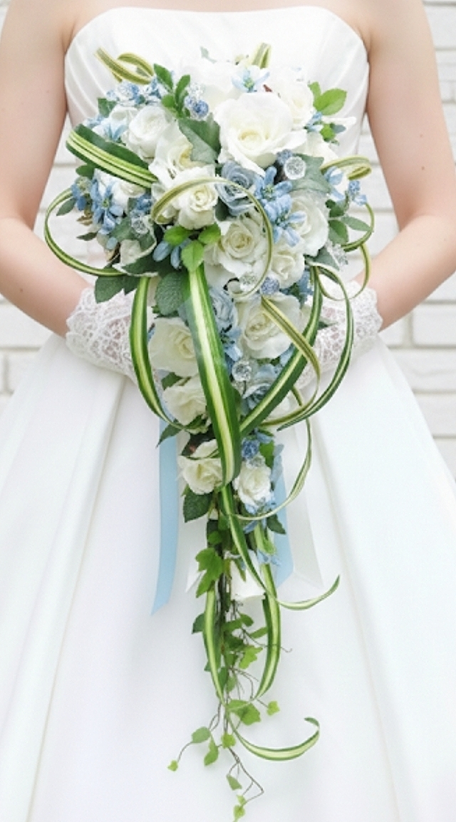 白薔薇＆ブルースター＆ナチュラルグリーンのロングキャスケード