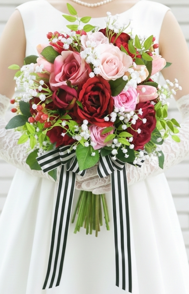 レッド・ホワイト・モーブピンクの薔薇の大人エレガントなクラッチブーケ