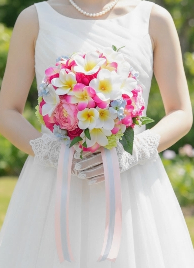 ホワイト＆ピンクの可憐なプルメリアのラウンドブーケ