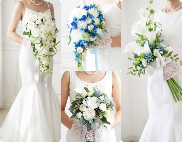 マーメイドラインドレスと細身キャスケードブーケの上品スタイル