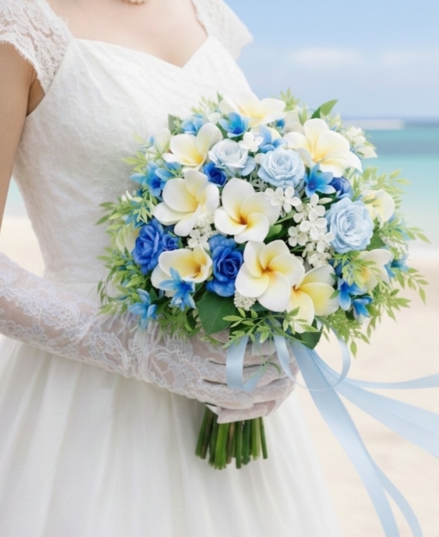 プルメリア&ブルーグラデーションの爽やかクラッチブーケ