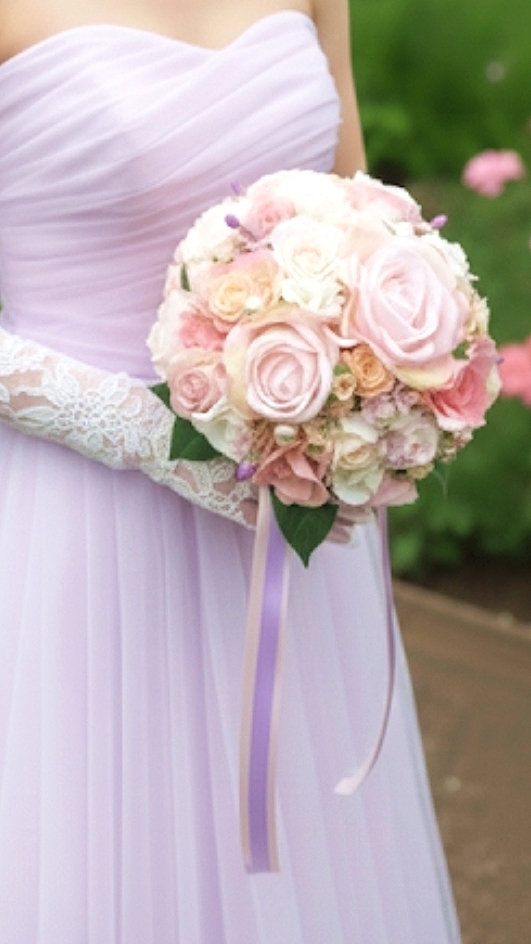 ペールピンク＆ソフトピンク＆パープル小花のふんわり色のラウンドブーケ