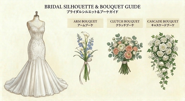 マーメイドラインドレスと細身キャスケードブーケの上品スタイル