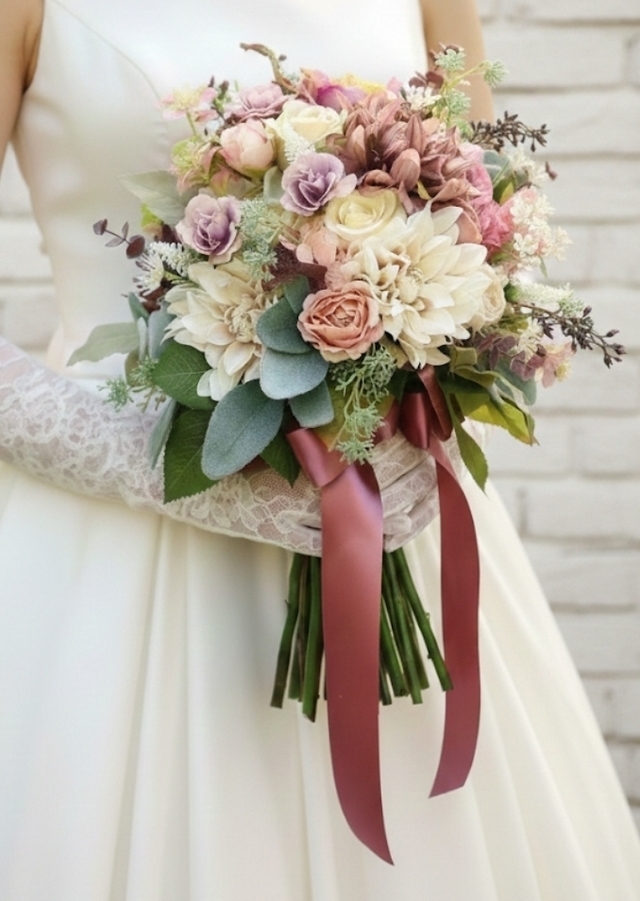 モーブカラー＆クリームベージュのレトロクラッシックなクラッチブーケ