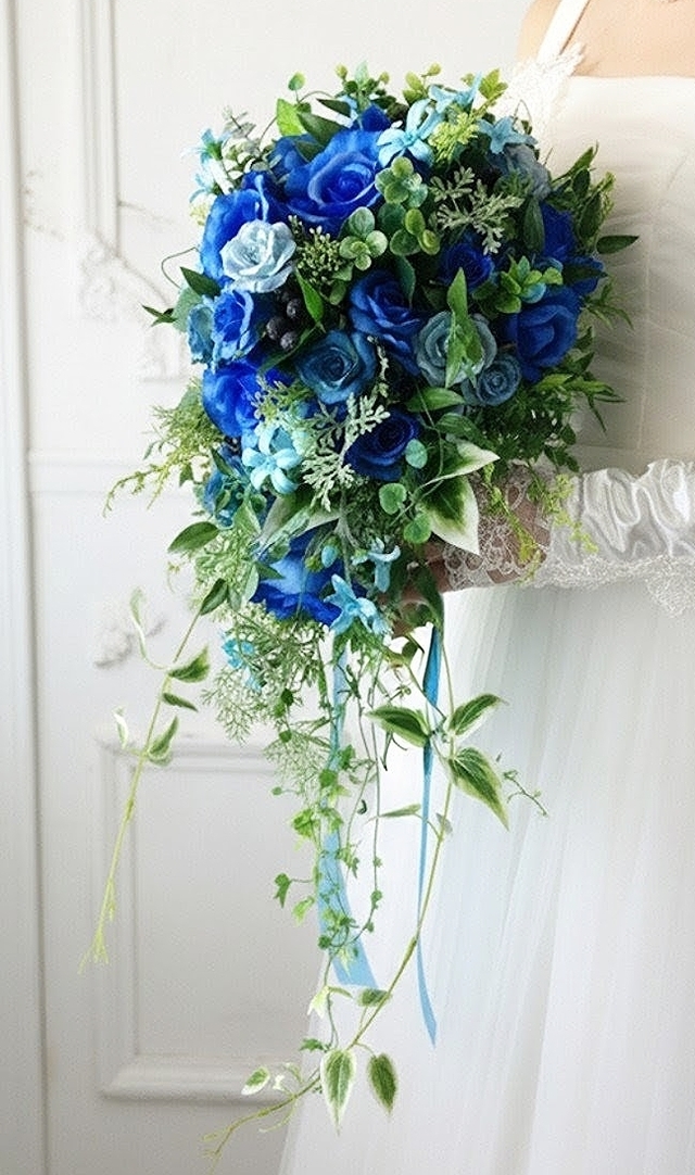 青薔薇とグリーンのナチュラルキャスケードブーケ