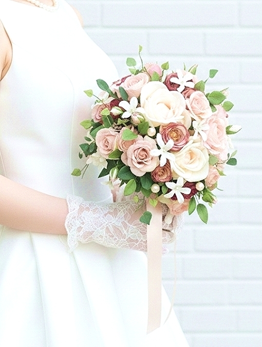 ソフトピンクの薔薇＆リボン・パール使いの優しいラウンドブーケ